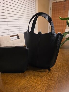 Classic Black Pebbled Leather Tote with Pouch